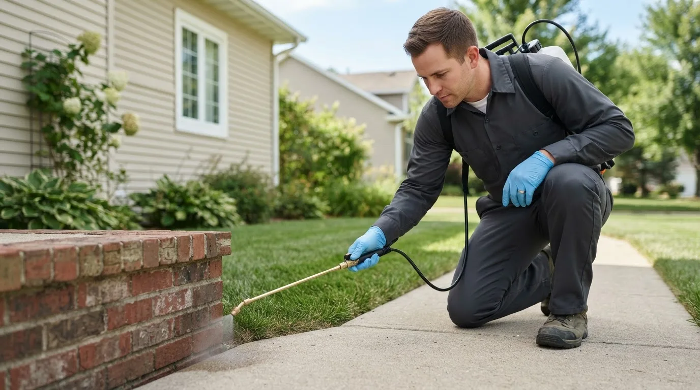 Pest control technician treating a home near North Bennington, VT